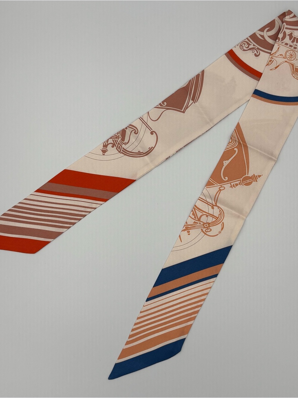 Hermes Ex-Libris Twilly Silk Scarf Creme Orange Beige Blue Carriage Stripe Print - Picture 2 of 6